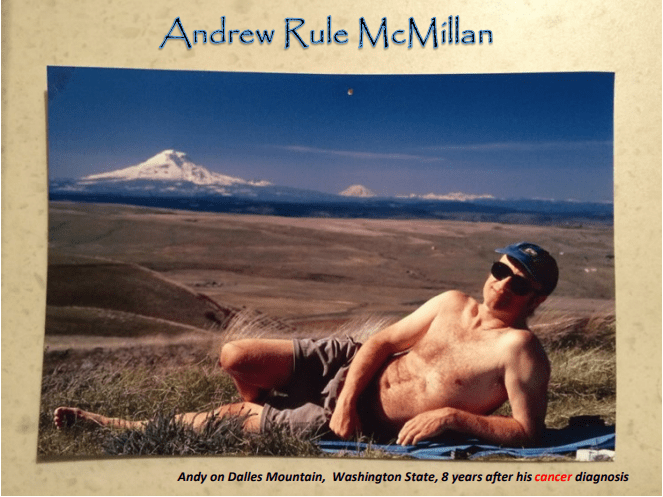 Here's an alt tag for the image: Andy McMillan on Dalles Mountain, post-cancer.